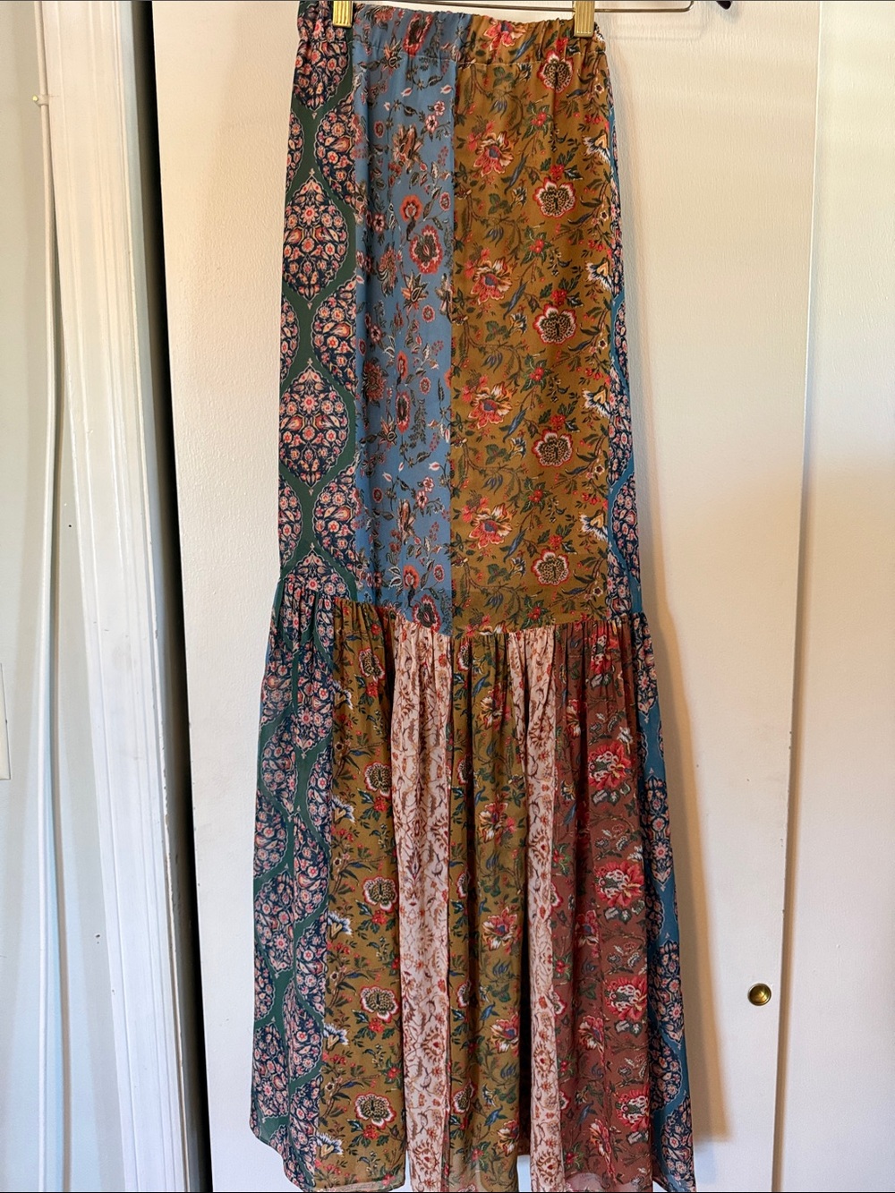 Anthropologie Boho Patchwork Floral Maxi Skirt in Mustard, Blue, Green